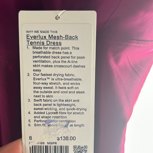 - NWT Lululemon Everlux Mesh-Back dress size 8 magenta purple, also sz 2,… - Picture 12 of 12